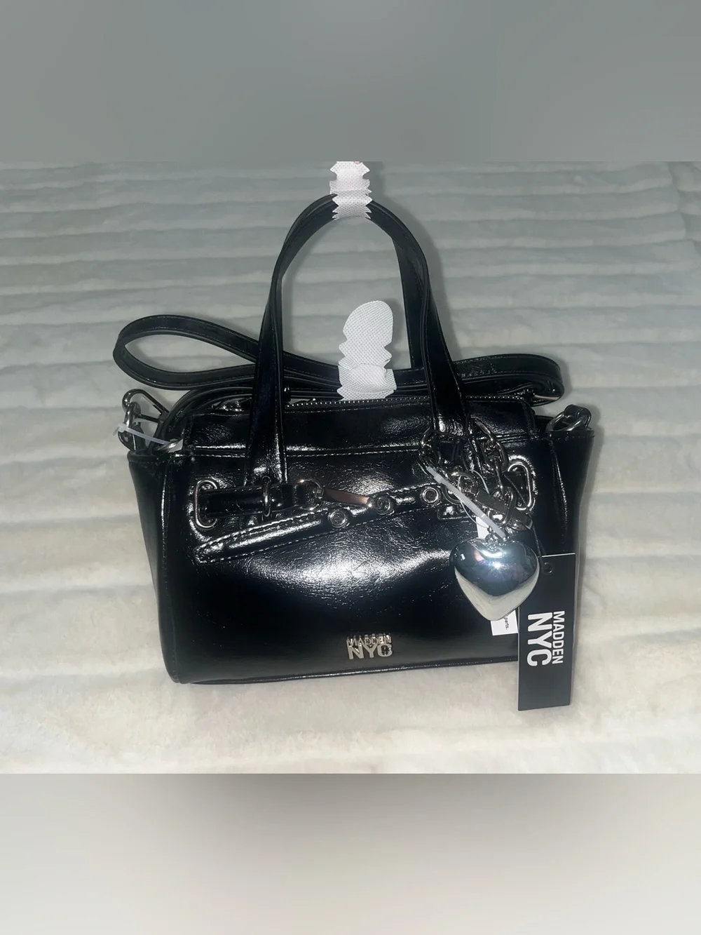 Madden NYC Small Black Satchel Hand Purse With Small Heart Chain NWT